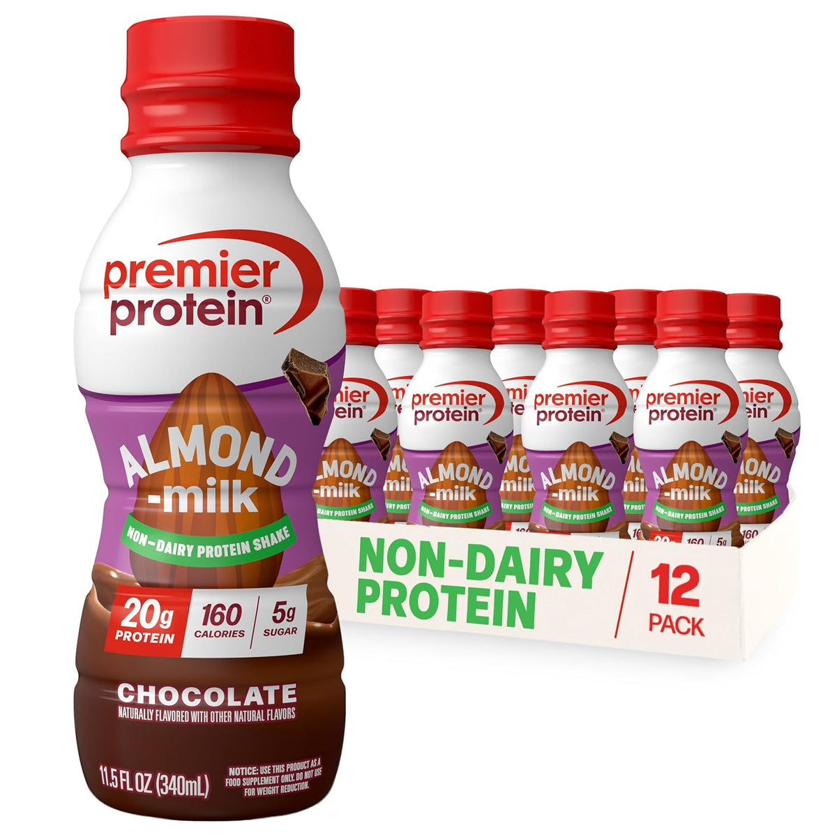 Premier Protein Non-Dairy Almondmilk Protein Shake, 20g, Chocolate, 12 Pack